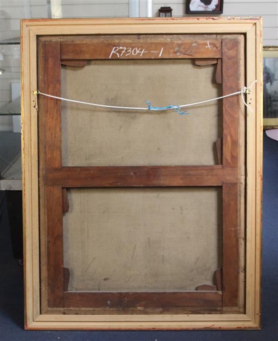 18th century English School Half length portrait of an artist standing holding a palette 36 x 27in.